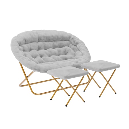 Flash Furniture Eleanor 56-in Portable Folding Double Saucer Chair w/2 Folding Ottomans Gray Faux Fur w/Gold Frame FV-FDS-001-2FR-GY-SGD-GG
